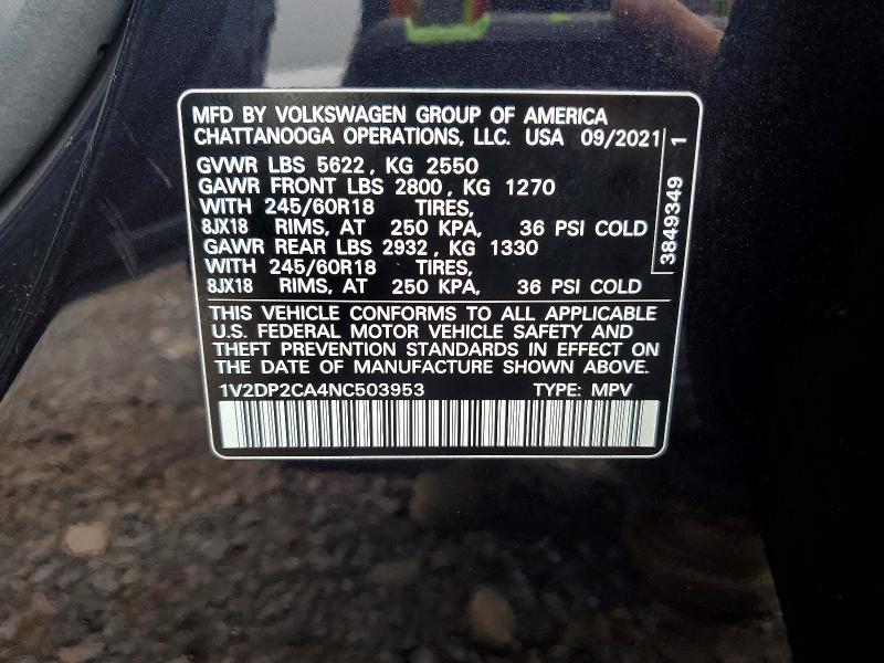 59222776 :رقم المزاد ، 1V2DP2CA4NC503953 vin ، 2022 Volkswagen Atlas مزاد بيع