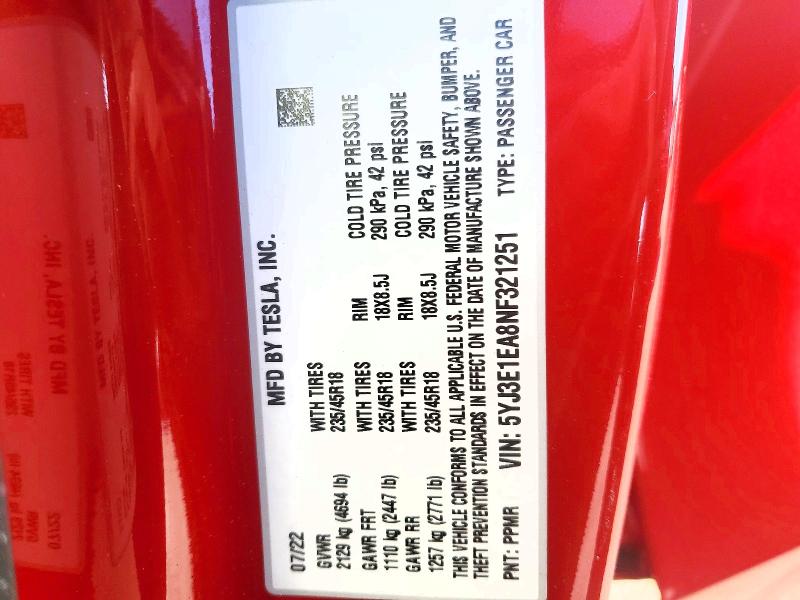 Продажа на аукционе авто 2022 Tesla Model 3, vin: 5YJ3E1EA8NF321251, номер лота: 60211256