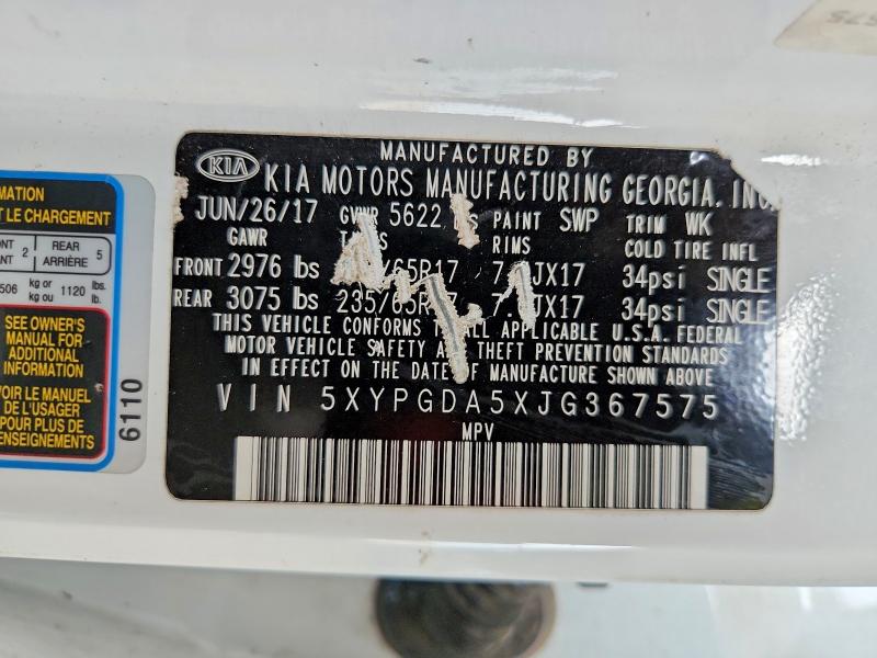 Aukcja sprzedaży 2018 Kia Sorento, vin: 5XYPGDA5XJG367575, numer aukcji: 61637756