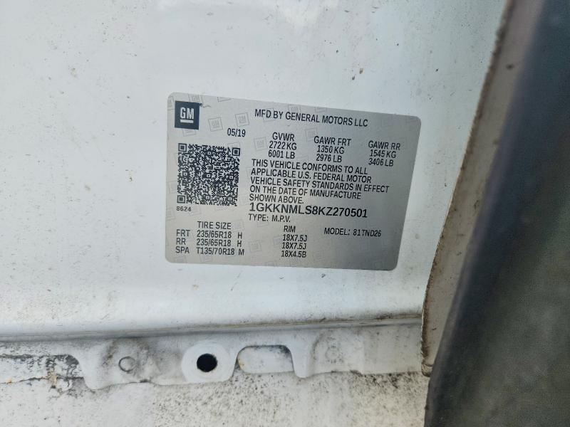 59974206 :رقم المزاد ، 1GKKNMLS8KZ270501 vin ، 2019 Gmc Acadia مزاد بيع