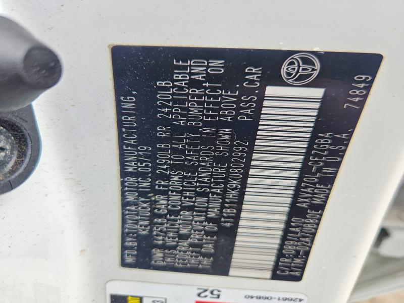 2019 Toyota Camry მანქანა იყიდება აუქციონზე, vin: 4T1B11HK9KU802992, აუქციონის ნომერი: 58895046