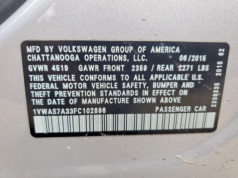 Aukcja sprzedaży 2015 Volkswagen Passat, vin: 1VWAS7A33FC102896, numer aukcji: 61162326