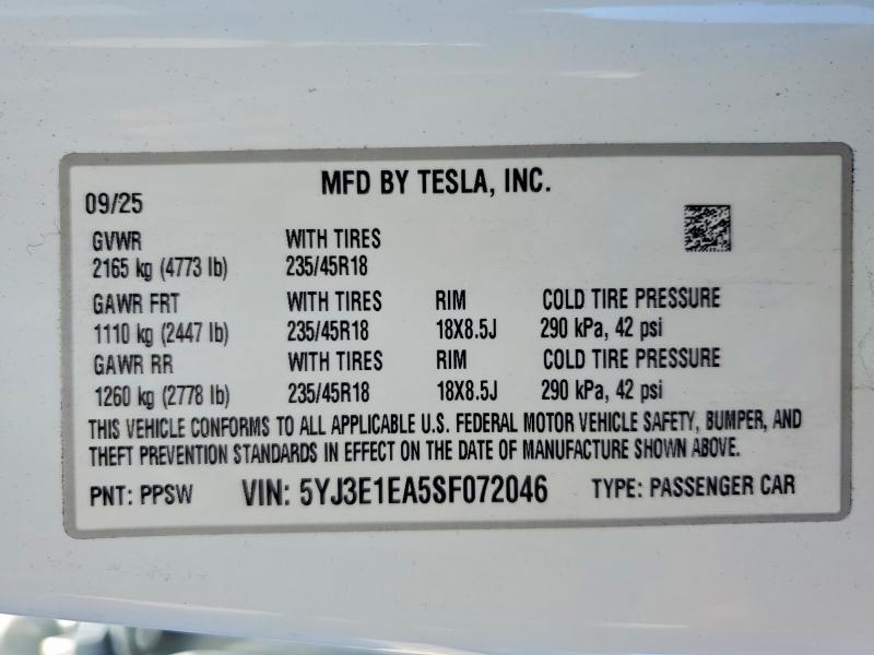 Продаж на аукціоні авто 2025 Tesla Model 3, vin: 5YJ3E1EA5SF072046, номер лоту: 60890806