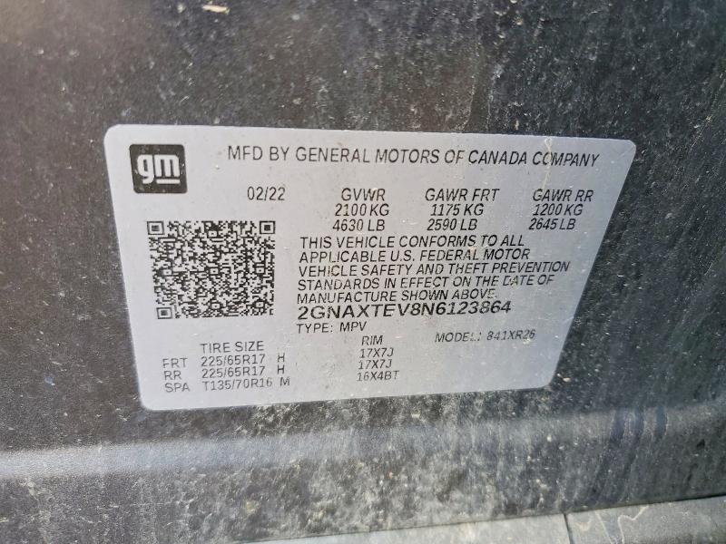 2022 Chevrolet Equinox მანქანა იყიდება აუქციონზე, vin: 2GNAXTEV8N6123864, აუქციონის ნომერი: 62463586
