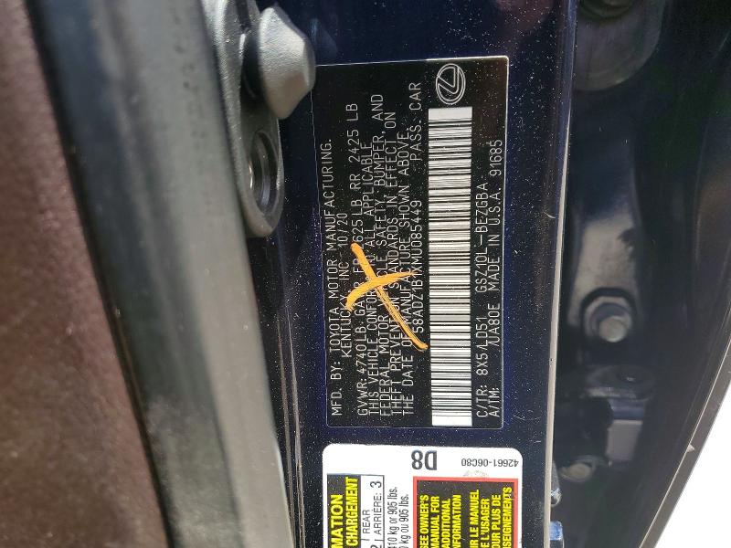 60625756 :رقم المزاد ، 58ADZ1B1XMU085449 vin ، 2021 Lexus Es 350 مزاد بيع