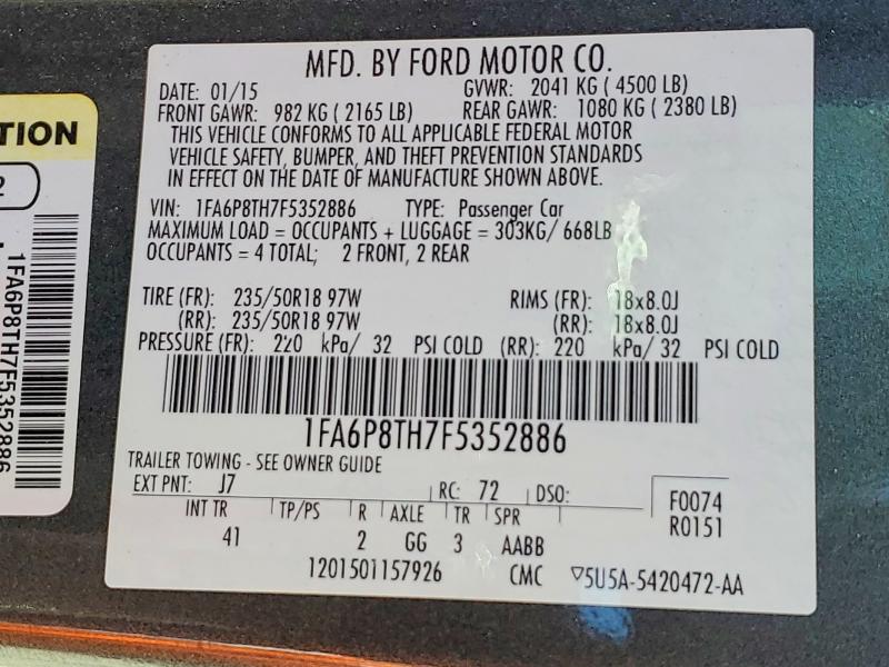 2015 Ford Mustang მანქანა იყიდება აუქციონზე, vin: 1FA6P8TH7F5352886, აუქციონის ნომერი: 60186616