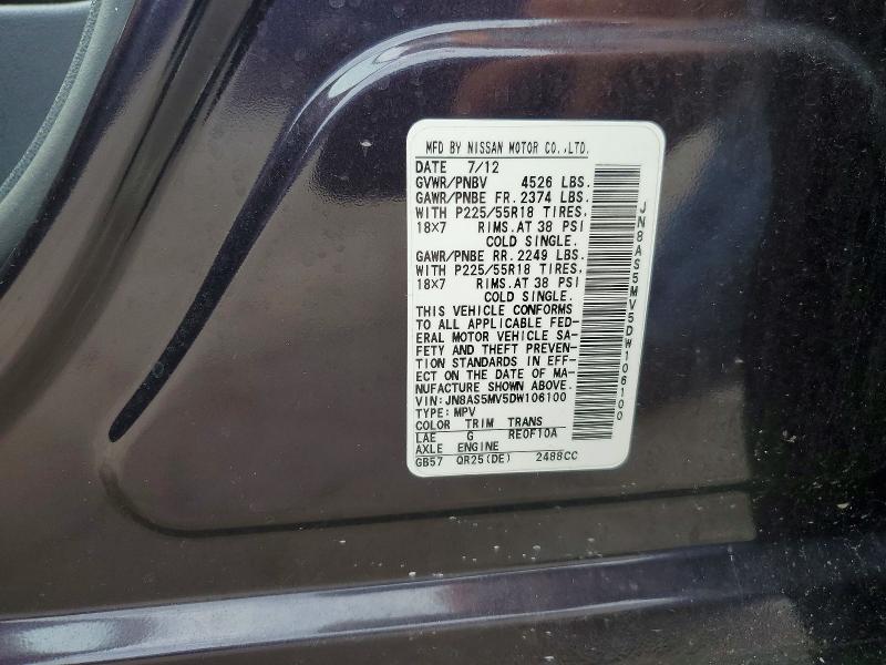 60184376 :رقم المزاد ، JN8AS5MV5DW106100 vin ، 2013 Nissan Rogue مزاد بيع