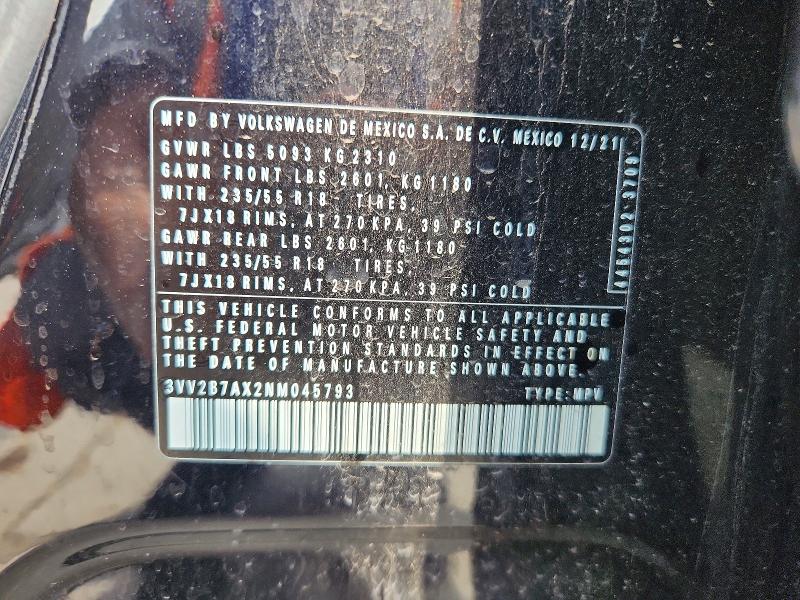 Aukcja sprzedaży 2022 Volkswagen Tiguan, vin: 3VV2B7AX2NM045793, numer aukcji: 61889646