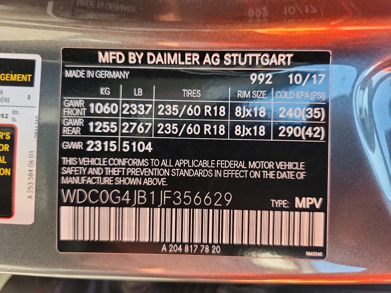Aukcja sprzedaży 2018 Mercedes-benz Glc, vin: WDC0G4JB1JF356629, numer aukcji: 62243356