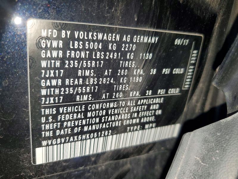 61885996 :رقم المزاد ، WVGBV7AX5HK051262 vin ، 2017 Volkswagen Tiguan مزاد بيع