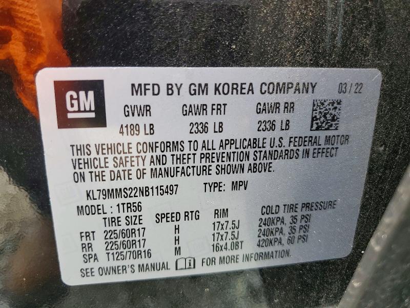 2022 Chevrolet Trailblazer მანქანა იყიდება აუქციონზე, vin: KL79MMS22NB115497, აუქციონის ნომერი: 62718666