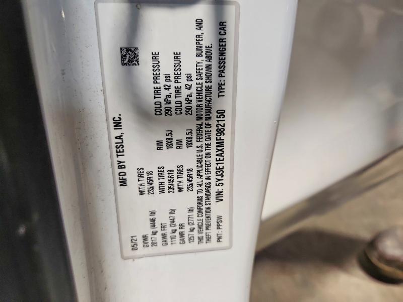 Aukcja sprzedaży 2021 Tesla Model 3, vin: 5YJ3E1EAXMF982150, numer aukcji: 62833756