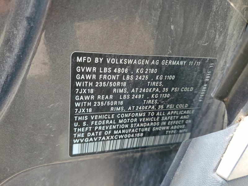 59624386 :رقم المزاد ، WVGAV7AXXCW004158 vin ، 2012 Volkswagen Tiguan مزاد بيع
