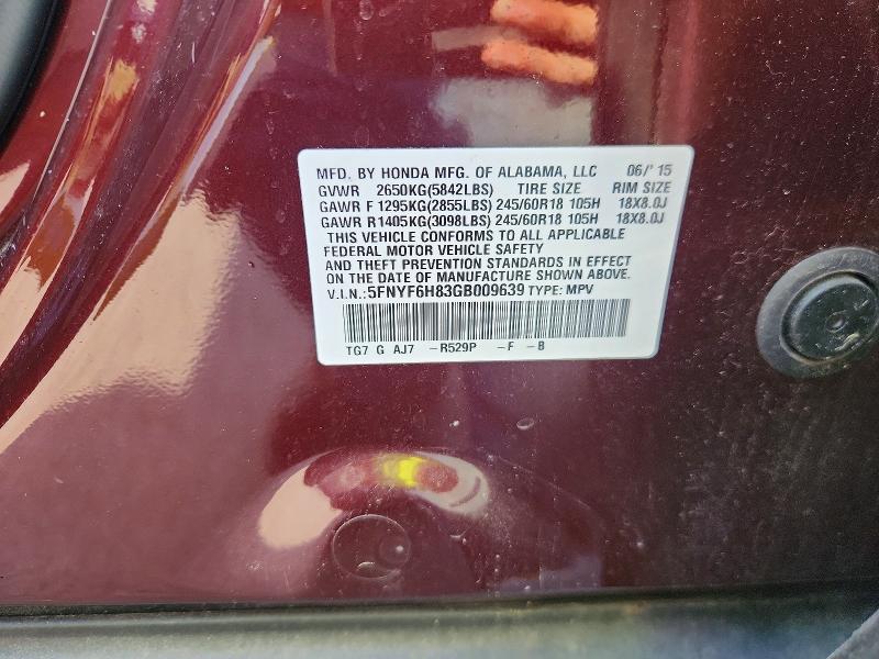 2016 Honda Pilot მანქანა იყიდება აუქციონზე, vin: 5FNYF6H83GB009639, აუქციონის ნომერი: 60844016