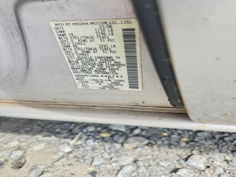 2006 Nissan Frontier მანქანა იყიდება აუქციონზე, vin: 1N6AD07U86C446743, აუქციონის ნომერი: 60474476