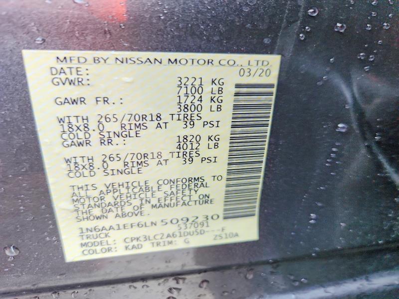 2020 Nissan Titan მანქანა იყიდება აუქციონზე, vin: 1N6AA1EF6LN509230, აუქციონის ნომერი: 62755156