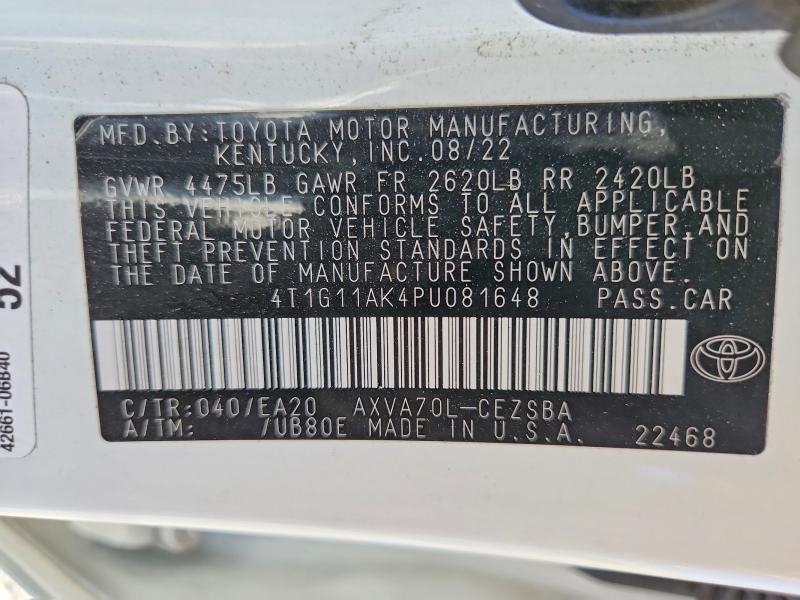 2023 Toyota Camry მანქანა იყიდება აუქციონზე, vin: 4T1G11AK4PU081648, აუქციონის ნომერი: 63529876