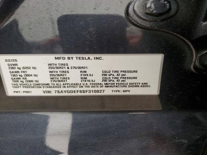 61151296 :رقم المزاد ، 7SAYGDEF8SF310827 vin ، 2025 Tesla Model Y مزاد بيع