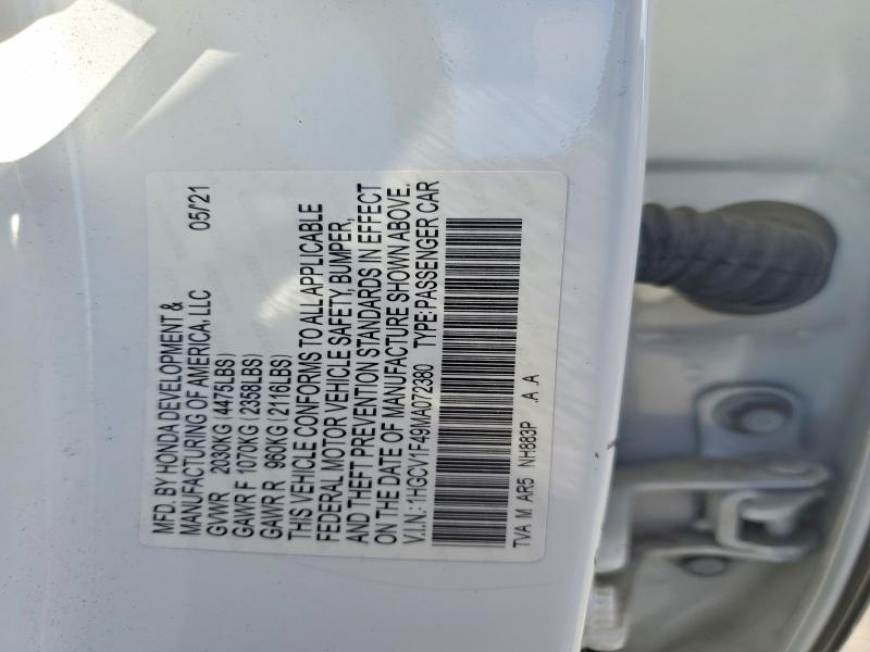 Продаж на аукціоні авто 2021 Honda Accord, vin: 1HGCV1F49MA072380, номер лоту: 85965885