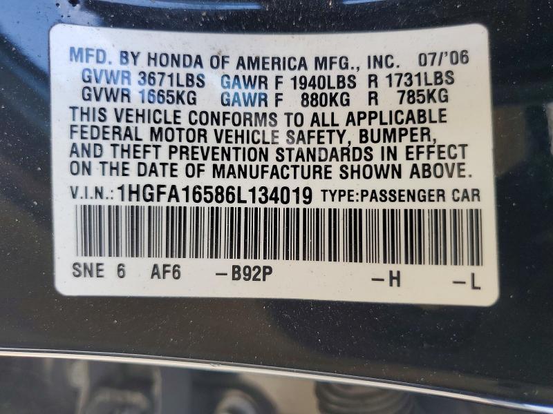 61160446 :رقم المزاد ، 1HGFA16586L134019 vin ، 2006 Honda Civic مزاد بيع