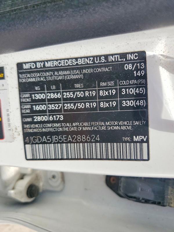 2014 Mercedes-benz Ml მანქანა იყიდება აუქციონზე, vin: 4JGDA5JB5EA288624, აუქციონის ნომერი: 61306046