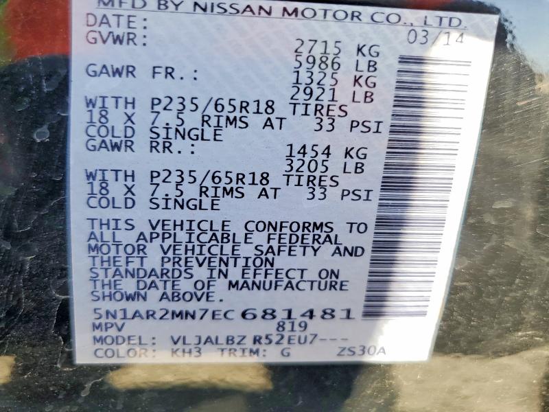 62883596 :رقم المزاد ، 5N1AR2MN7EC681481 vin ، 2014 Nissan Pathfinder مزاد بيع