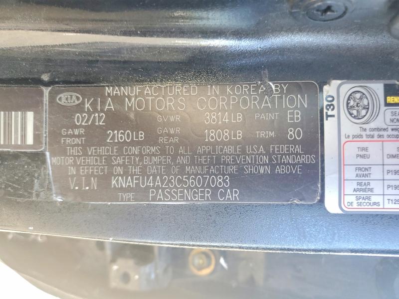 60169106 :رقم المزاد ، KNAFU4A23C5607083 vin ، 2012 Kia Forte مزاد بيع