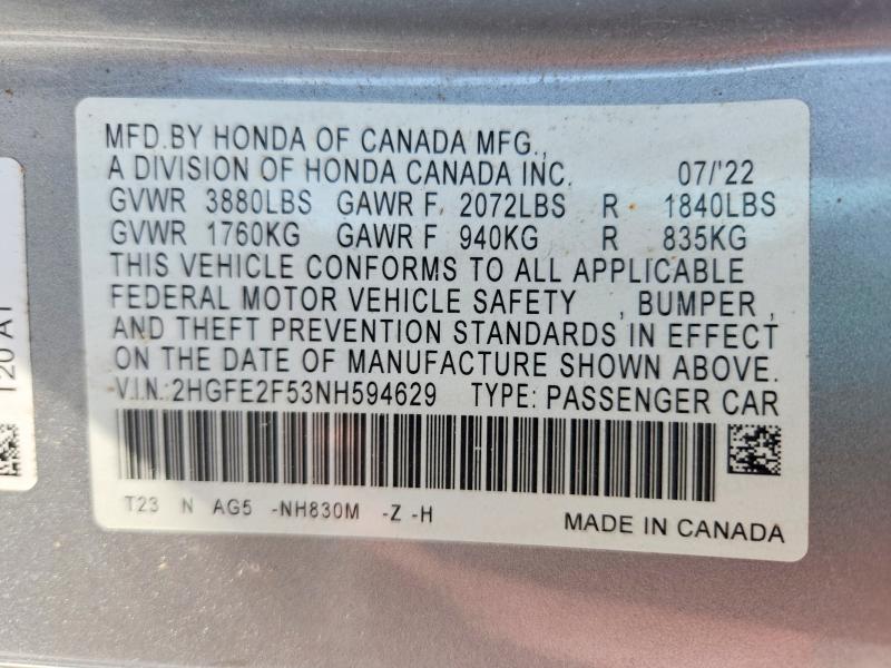 62298586 :رقم المزاد ، 2HGFE2F53NH594629 vin ، 2022 Honda Civic مزاد بيع