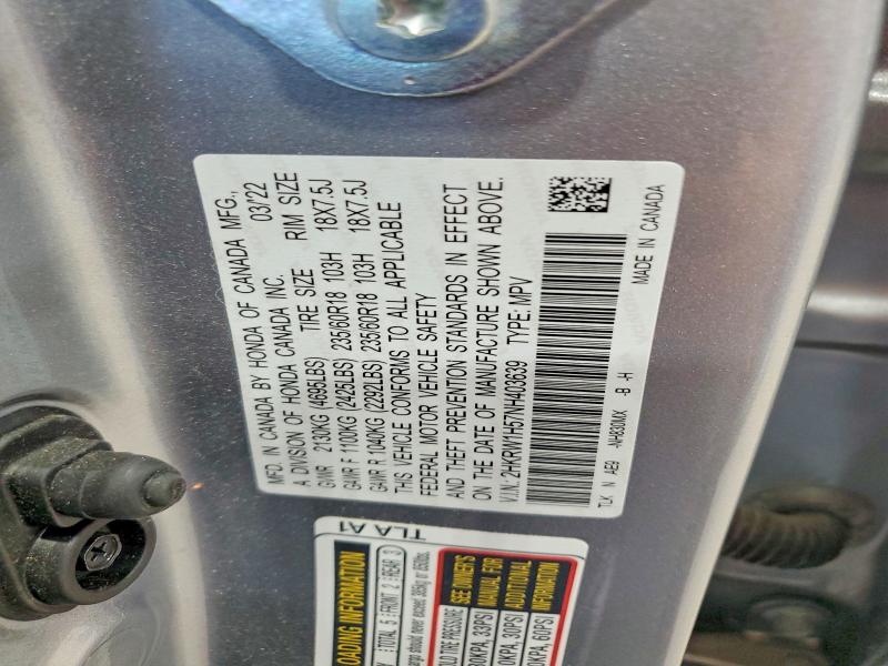 2022 Honda Cr-v მანქანა იყიდება აუქციონზე, vin: 2HKRW1H57NH403639, აუქციონის ნომერი: 63026676