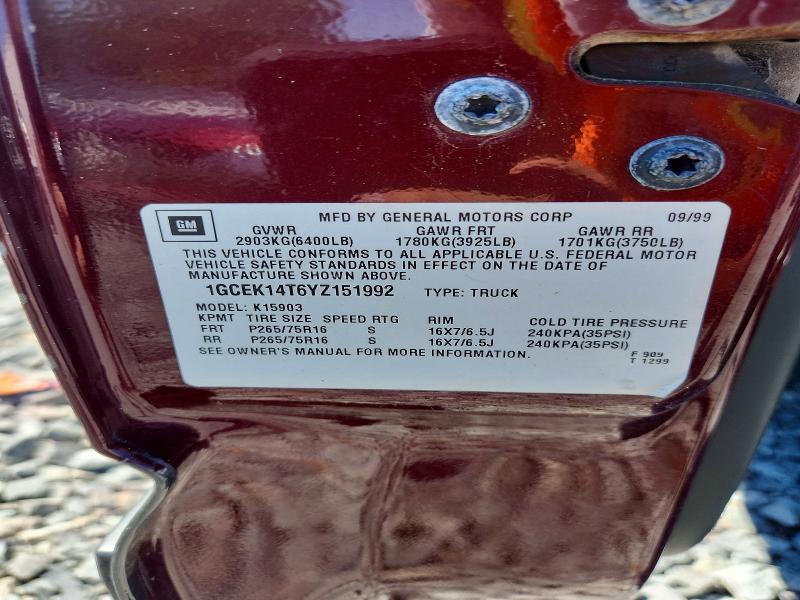 60709506 :رقم المزاد ، 1GCEK14T6YZ151992 vin ، 2000 Chevrolet Silverado مزاد بيع