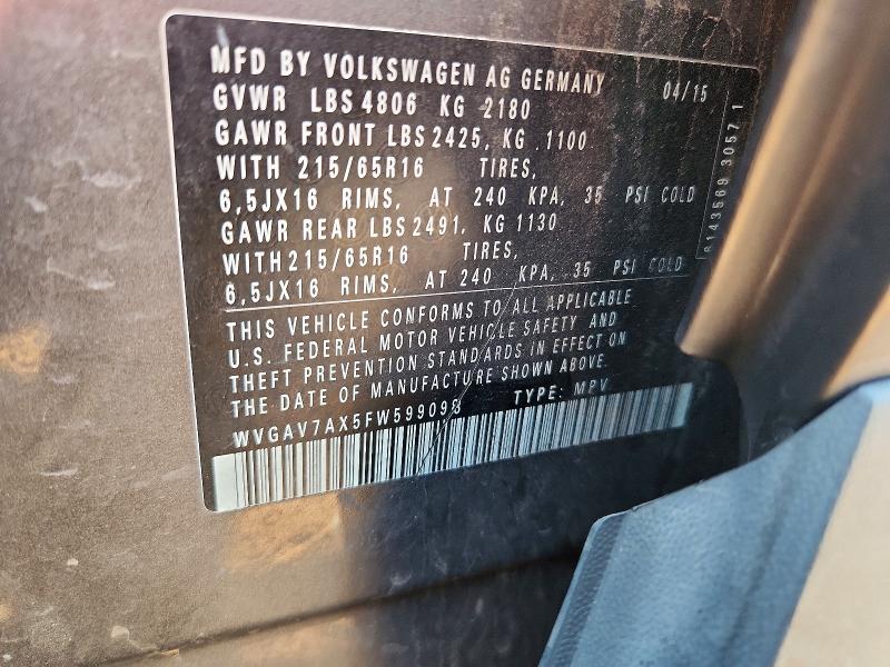 Aukcja sprzedaży 2015 Volkswagen Tiguan, vin: WVGAV7AX5FW599098, numer aukcji: 59362056