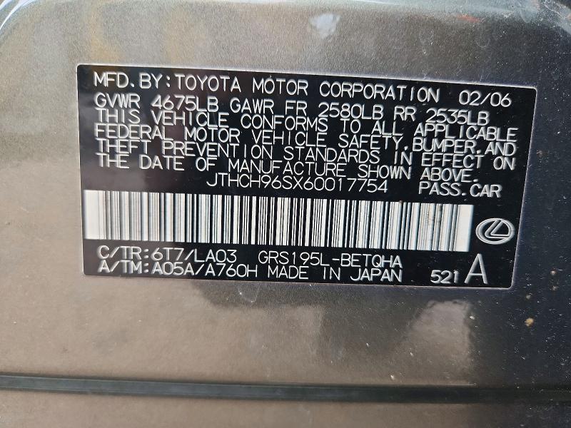 62275516 :رقم المزاد ، JTHCH96SX60017754 vin ، 2006 Lexus Gs مزاد بيع