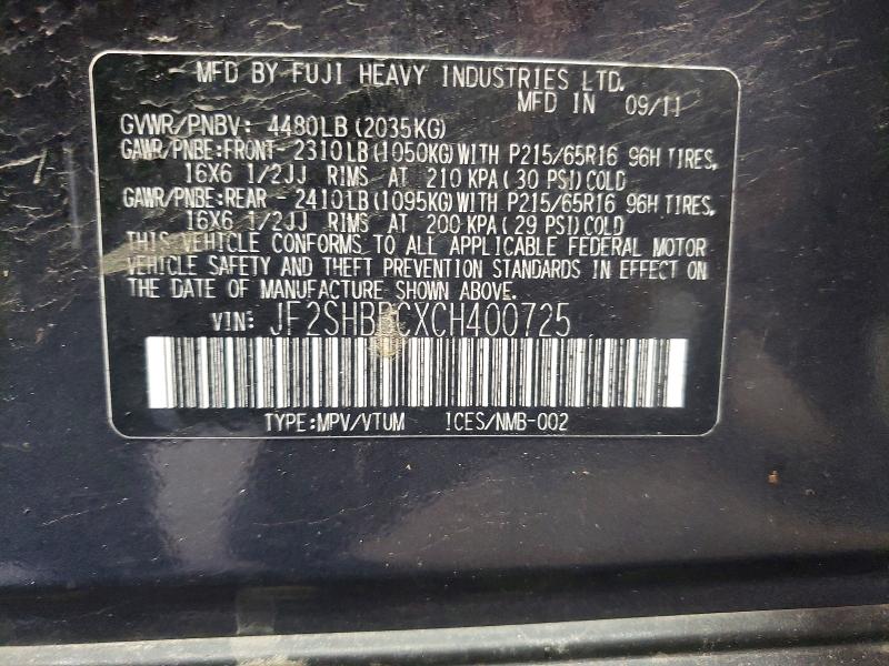 Aukcja sprzedaży 2012 Subaru Forester, vin: JF2SHBBCXCH400725, numer aukcji: 60996816