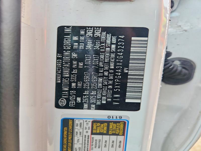 61717006 :رقم المزاد ، 5XYPG4A3XJG432374 vin ، 2018 Kia Sorento مزاد بيع