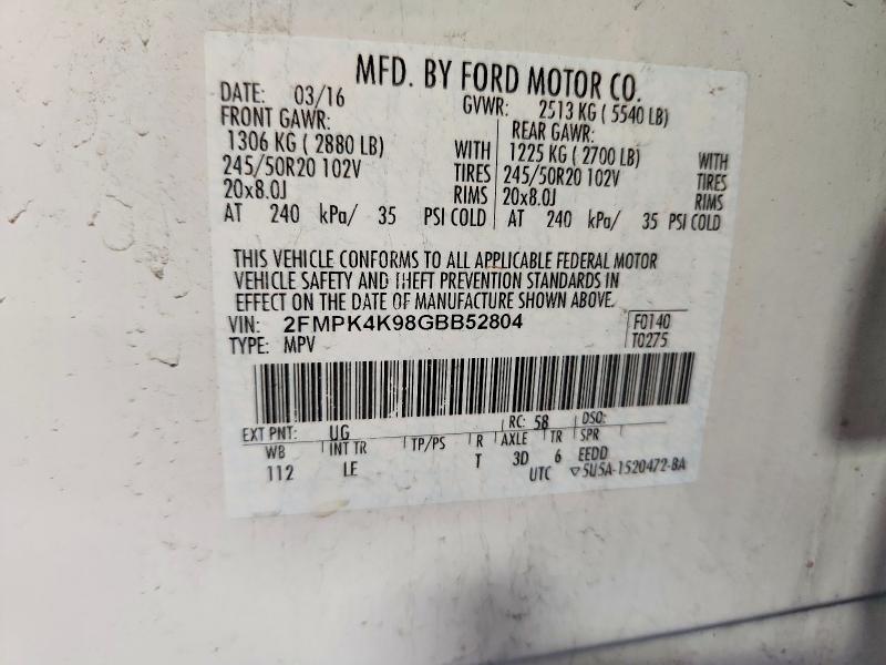 59909336 :رقم المزاد ، 2FMPK4K98GBB52804 vin ، 2016 Ford Edge مزاد بيع