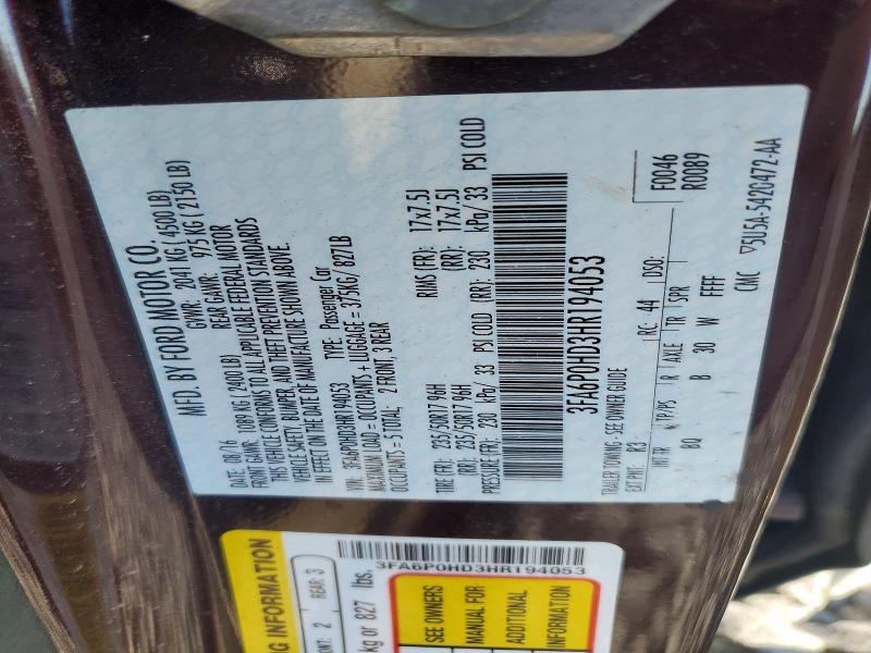 Aukcja sprzedaży 2017 Ford Fusion, vin: 3FA6P0HD3HR194053, numer aukcji: 63171216
