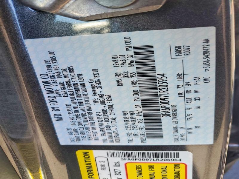 2020 Ford Fusion მანქანა იყიდება აუქციონზე, vin: 3FA6P0D97LR205954, აუქციონის ნომერი: 60898196