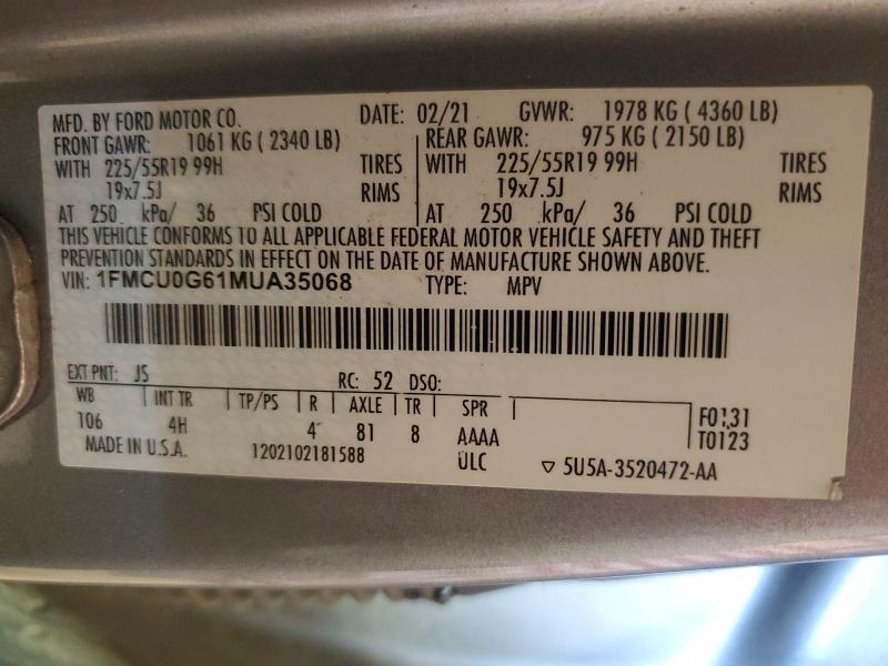 62301666 :رقم المزاد ، 1FMCU0G61MUA35068 vin ، 2021 Ford Escape مزاد بيع