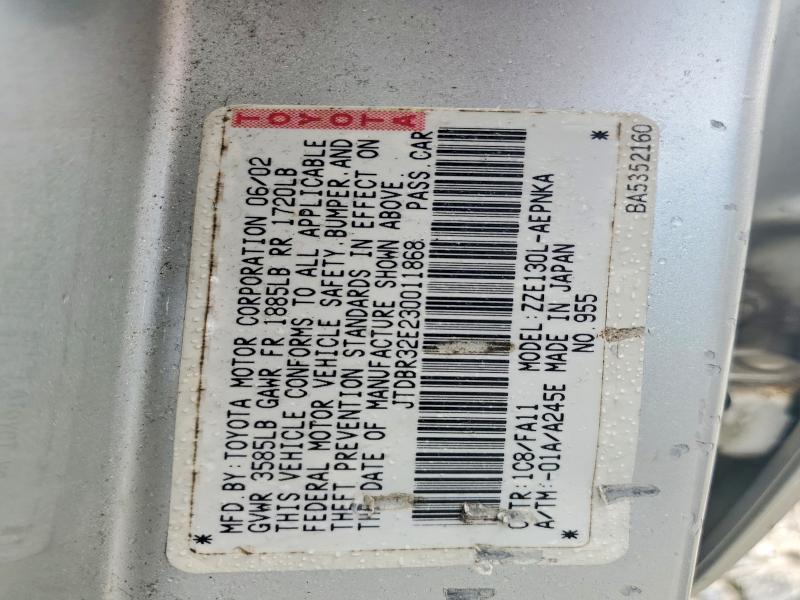 63488486 :رقم المزاد ، JTDBR32E230011868 vin ، 2003 Toyota Corolla مزاد بيع