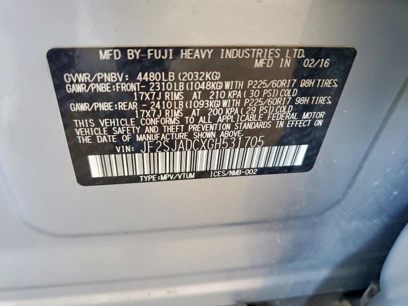 Aukcja sprzedaży 2016 Subaru Forester, vin: JF2SJADCXGH531705, numer aukcji: 60932296