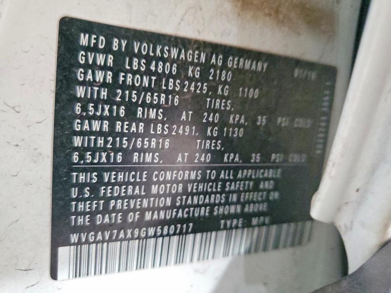 60527066 :رقم المزاد ، WVGAV7AX9GW580717 vin ، 2016 Volkswagen Tiguan مزاد بيع