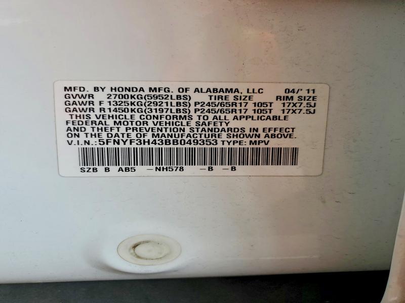 2011 Honda Pilot მანქანა იყიდება აუქციონზე, vin: 5FNYF3H43BB049353, აუქციონის ნომერი: 61541996