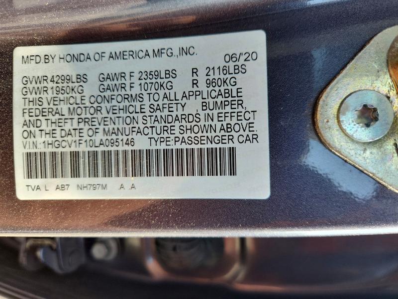 Продаж на аукціоні авто 2020 Honda Accord, vin: 1HGCV1F10LA095146, номер лоту: 62230146