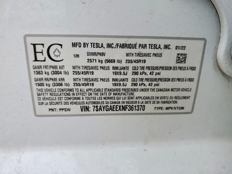 Продажа на аукционе авто 2022 Tesla Model Y, vin: 7SAYGAEEXNF361370, номер лота: 60311636