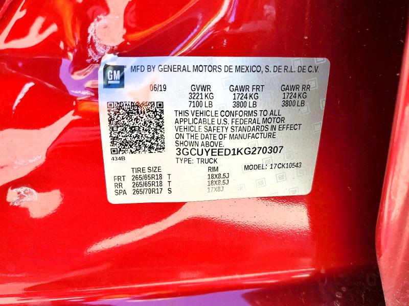 61572566 :رقم المزاد ، 3GCUYEED1KG270307 vin ، 2019 Chevrolet Silverado مزاد بيع