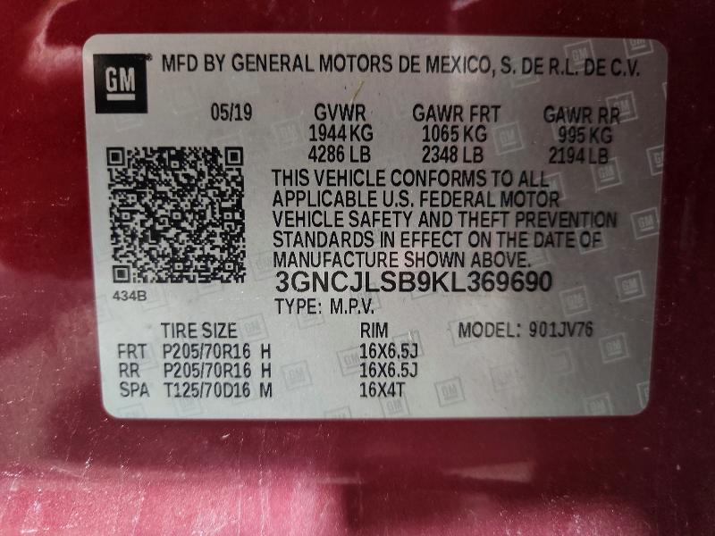 Продаж на аукціоні авто 2019 Chevrolet Trax, vin: 3GNCJLSB9KL369690, номер лоту: 59962576