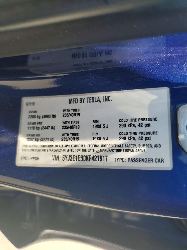 61602406 :رقم المزاد ، 5YJ3E1EB0KF421817 vin ، 2019 Tesla Model 3 مزاد بيع