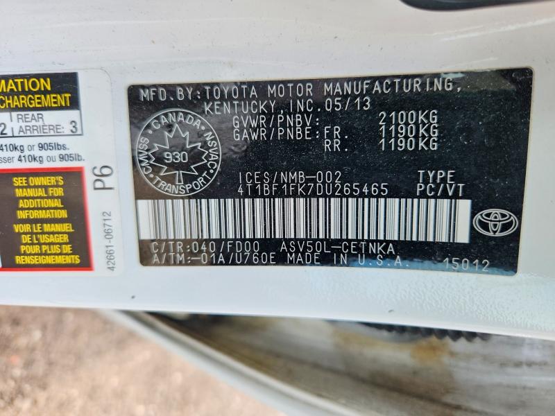 2013 Toyota Camry მანქანა იყიდება აუქციონზე, vin: 4T1BF1FK7DU265465, აუქციონის ნომერი: 62904516