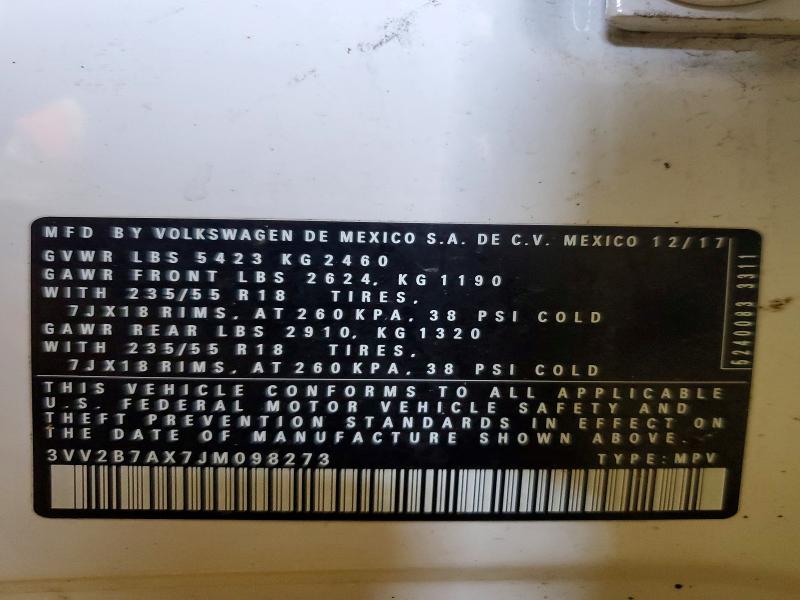 Aukcja sprzedaży 2018 Volkswagen Tiguan, vin: 3VV2B7AX7JM098273, numer aukcji: 60478716