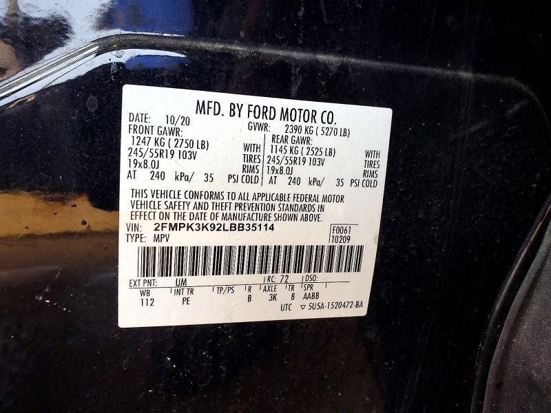 2020 Ford Edge მანქანა იყიდება აუქციონზე, vin: 2FMPK3K92LBB35114, აუქციონის ნომერი: 59598316